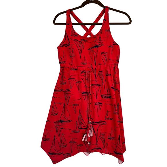 Denim & Co Swim Dress Size 6 Red Sailboat Print Handkerchief Hem Swimsuit - Picture 1 of 15